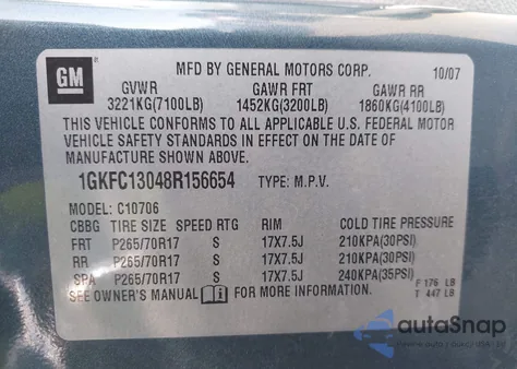 2008 GMC Yukon Sle из США, поврежденный, VIN 1GKFC13048R156654